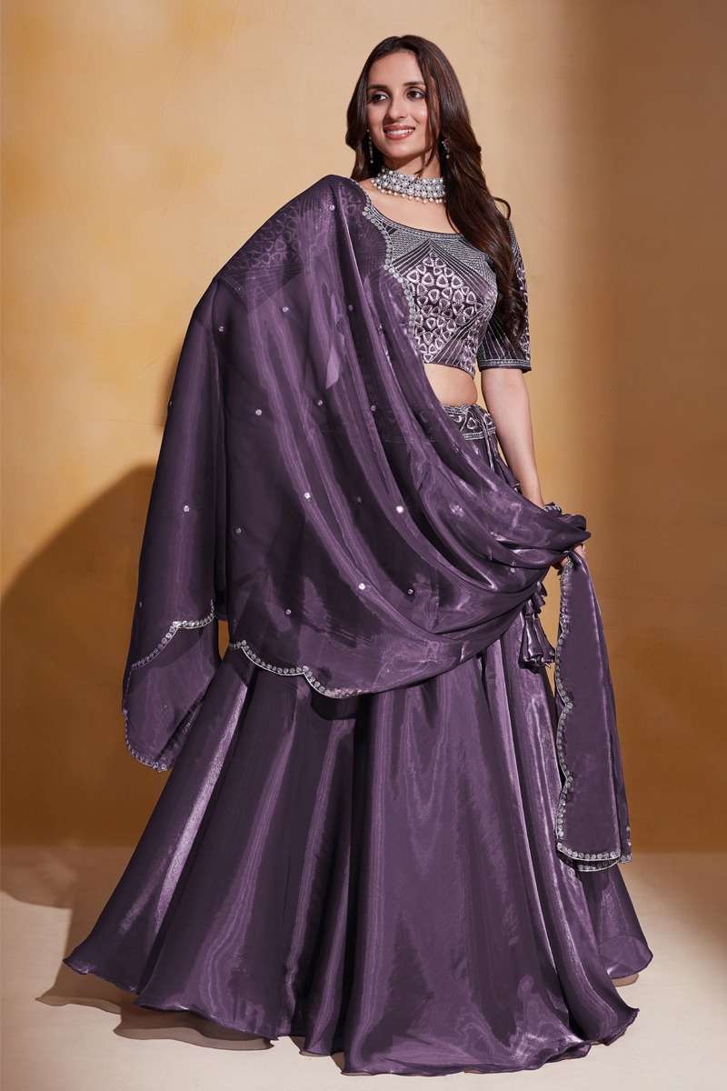 DESIGNER INDIAN PARTY WEAR HEAVY INDIAN PURPLE ORGANZA SILK LEHENGA CHOLI AHVN GULKANYA 7202