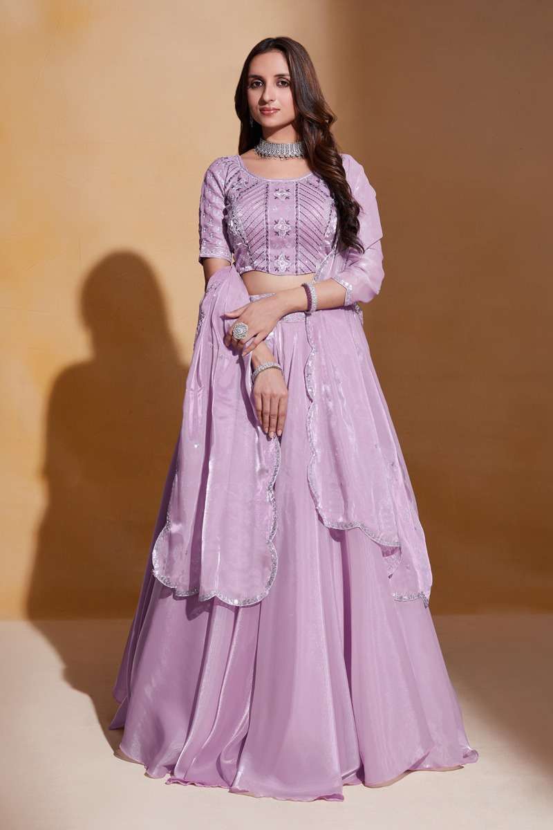 DESIGNER INDIAN PARTY WEAR HEAVY INDIAN PURPLE ORGANZA SILK LEHENGA CHOLI AHVN GULKANYA 7204