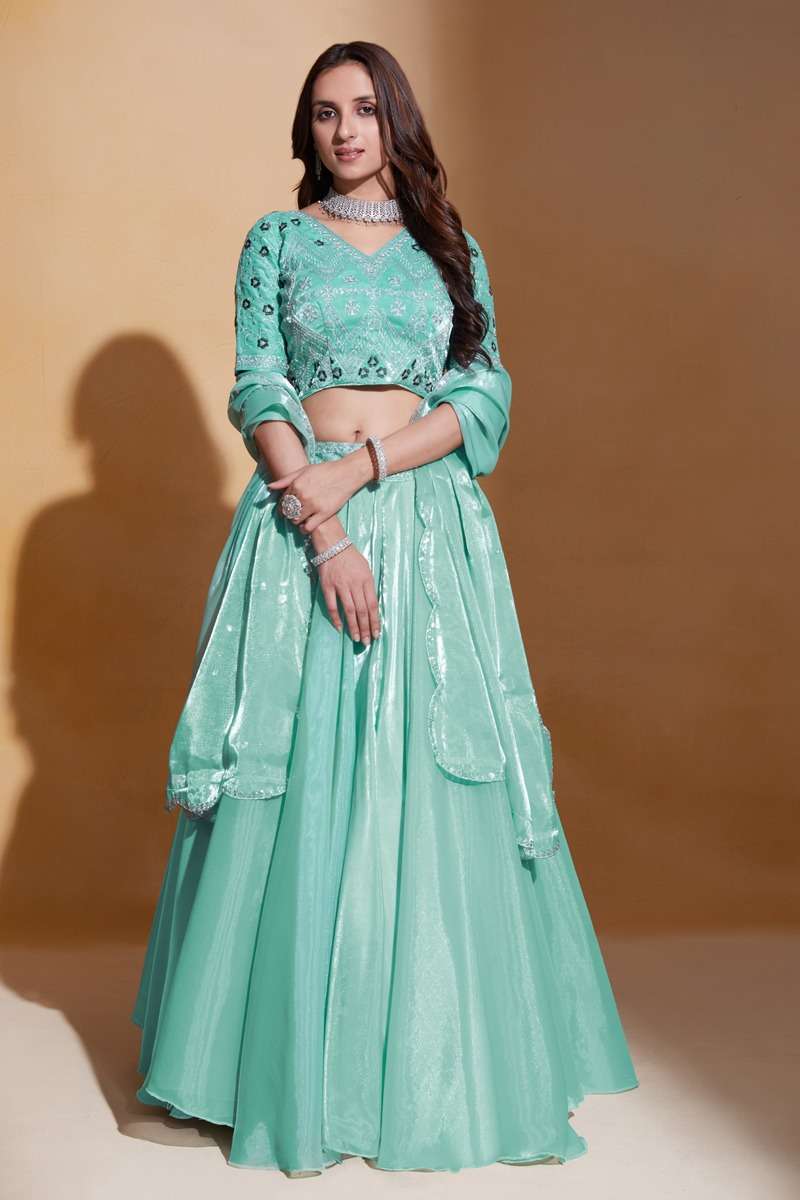 DESIGNER INDIAN PARTY WEAR HEAVY INDIAN SEA GREEN ORGANZA SILK LEHENGA CHOLI AHVN GULKANYA 7205