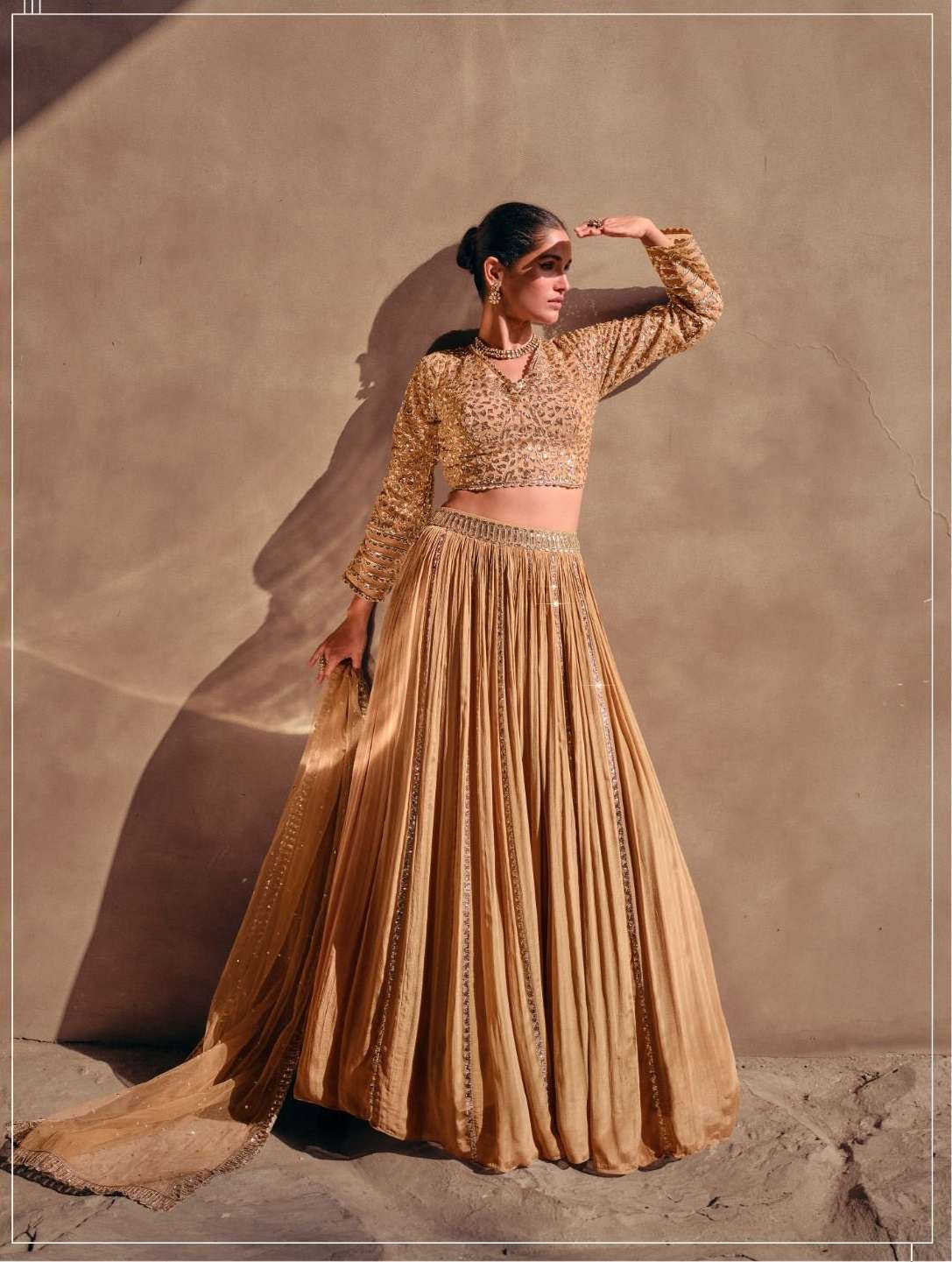 DESIGNER PREMIUM INDIAN WEDDING BRIDAL PARTY WEAR CHIKU CHINON SILK LEHENGA CHOLI SY RIWAYAAT 5395