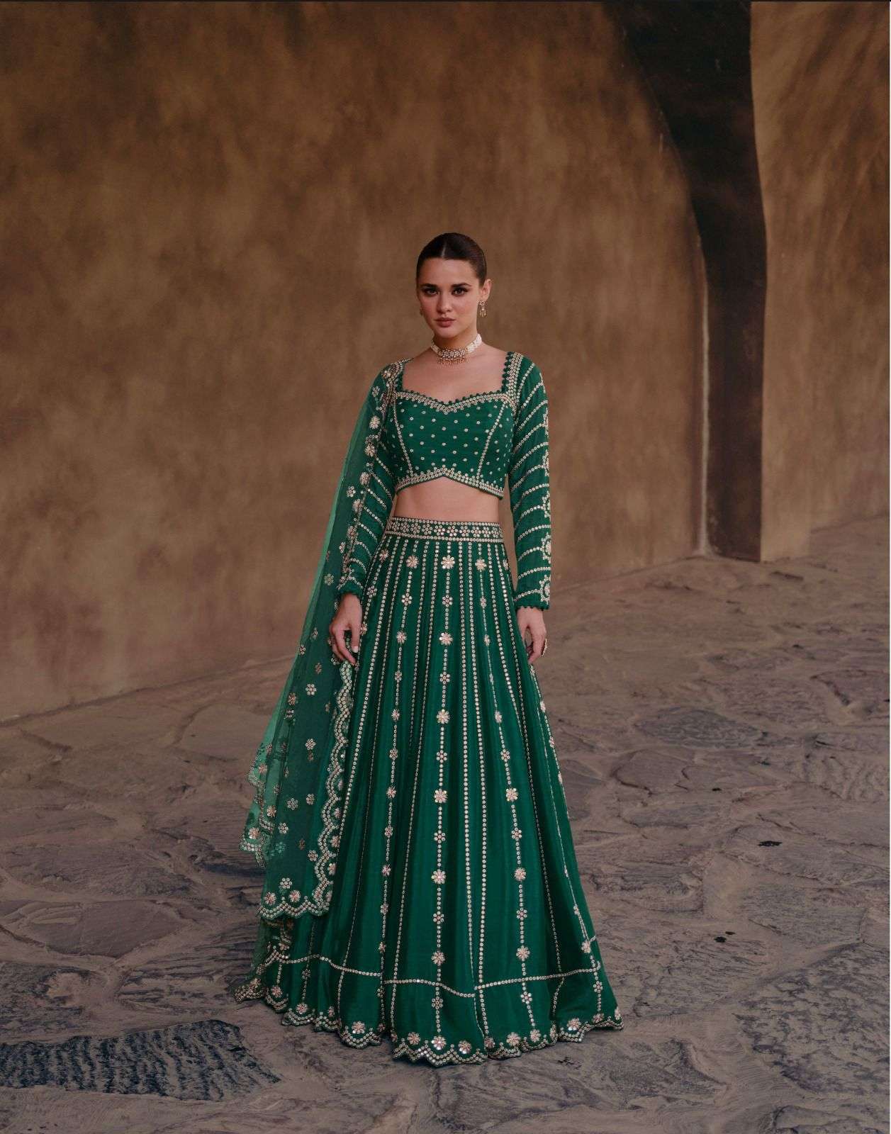 DESIGNER PREMIUM INDIAN WEDDING BRIDAL PARTY WEAR GREEN CHINON SILK LEHENGA CHOLI SY RIWAYAAT 5396