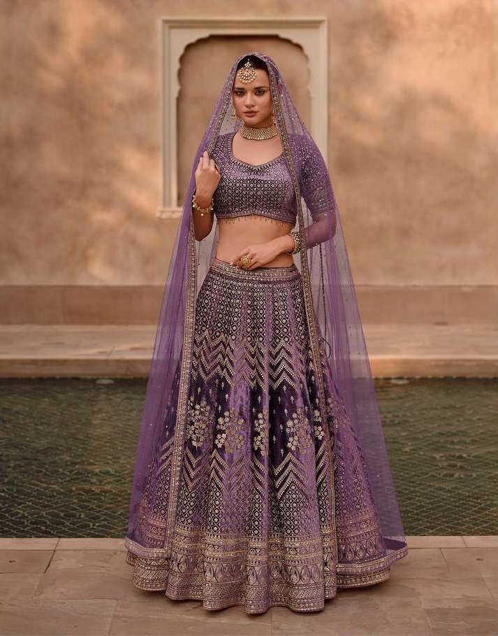 DESIGNER PREMIUM PURPLE INDIAN WEDDING BRIDAL LEHENGA CHOLI IN LYCRA SILK SY HERITAGE 5382