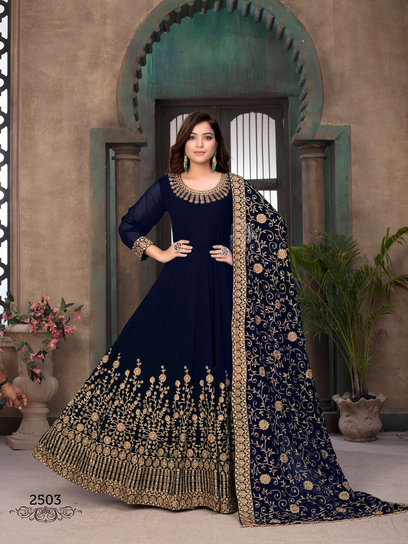 DESIGNER WEDDING PARTY WEAR BLUE REAL GEORGETTE INDIAN ANARKALI SALWAR SUIT GOWN WITH DUPATTA 2503