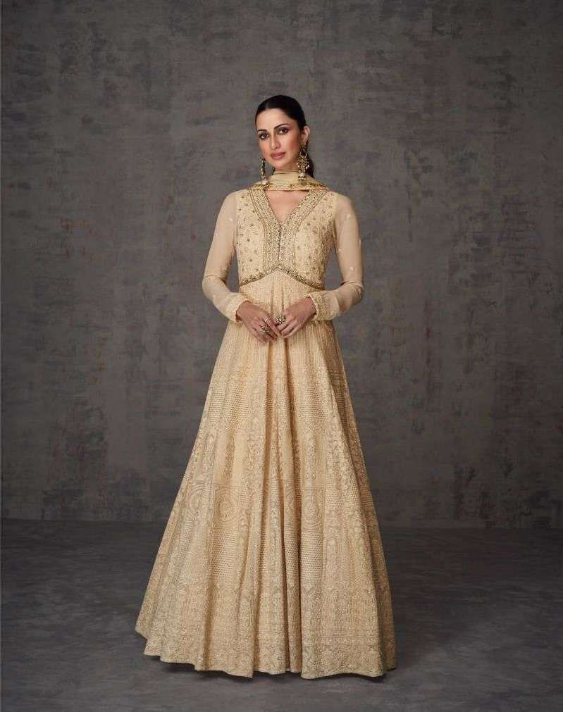 DESIGNER WEDDING PARTY WEAR CHIKU REAL GEORGETTE INDIAN ANARKALI SALWAR SUIT GOWN WITH DUPATTA SY AMEENA 5357