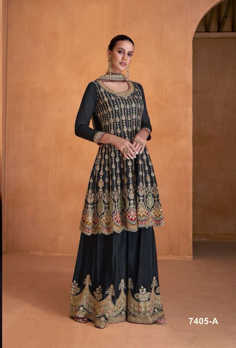 DESIGNER WEDDING PARTY WEAR GEORGETTE BLACK INDIAN SHARARA SALWAR SUIT SRH 7405 A