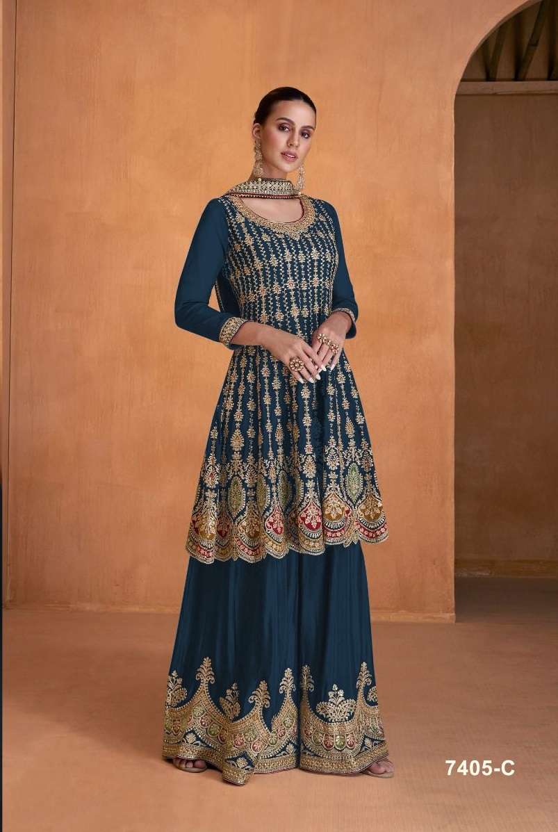 DESIGNER WEDDING PARTY WEAR GEORGETTE BLUE INDIAN SHARARA SALWAR SUIT SRH 7405 C