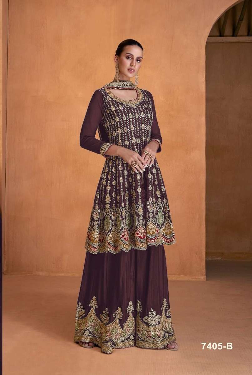 DESIGNER WEDDING PARTY WEAR GEORGETTE MAROON INDIAN SHARARA SALWAR SUIT SRH 7405 B