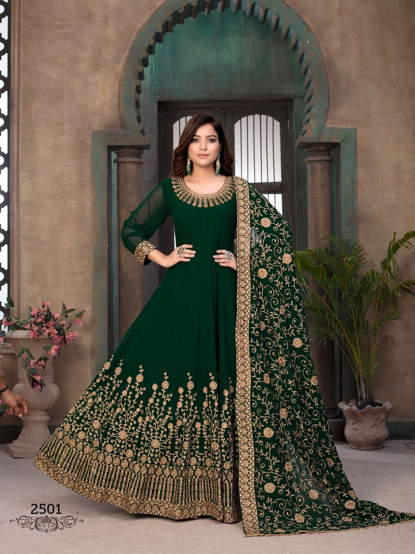 DESIGNER WEDDING PARTY WEAR GREEN REAL GEORGETTE INDIAN ANARKALI SALWAR SUIT GOWN WITH DUPATTA 2501