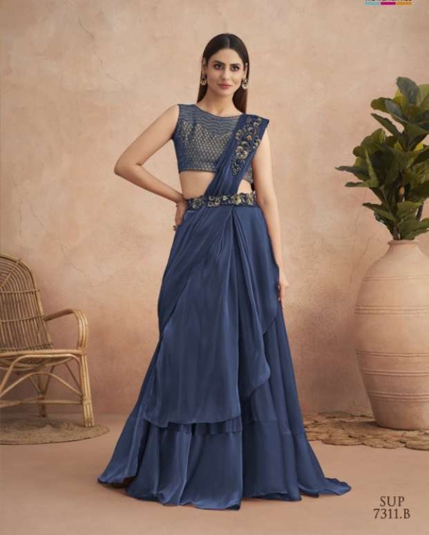 DESIGNER WEDDING PARTY WEAR HEAVY EMBROIDERY BLUE SATIN SILK READY TO WEAR INDIAN SAREE WITH SM TFH 7311B