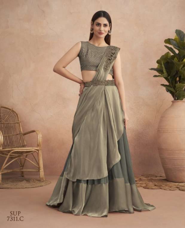 DESIGNER WEDDING PARTY WEAR HEAVY EMBROIDERY GREY SATIN SILK READY TO WEAR INDIAN SAREE WITH SM TFH 7311C