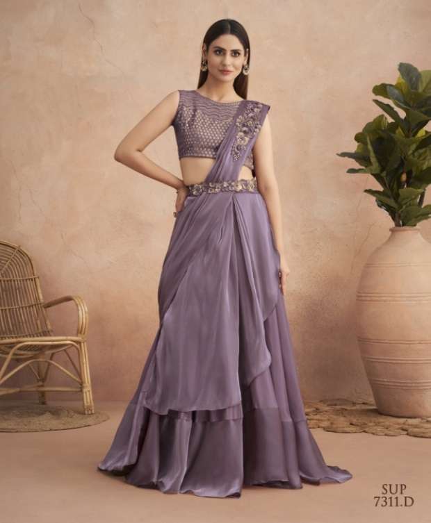 DESIGNER WEDDING PARTY WEAR HEAVY EMBROIDERY LAVENDER SATIN SILK READY TO WEAR INDIAN SAREE WITH SM TFH 7311D