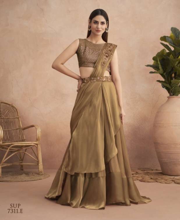 DESIGNER WEDDING PARTY WEAR HEAVY EMBROIDERY YELLOW SATIN SILK READY TO WEAR INDIAN SAREE WITH SM TFH 7311E