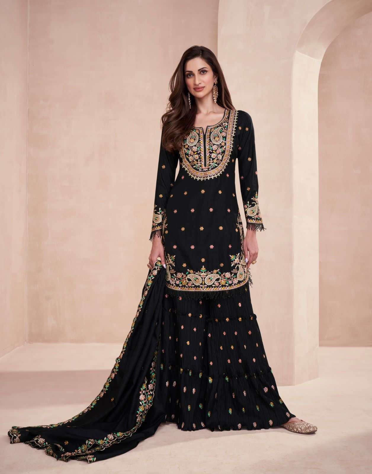 DESIGNER WEDDING PARTY WEAR INDIAN DOLA SILK BLACK SHARARA SALWAR SUIT AF BASANTI 9853