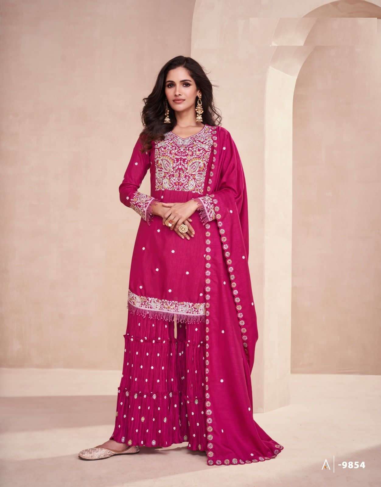 DESIGNER WEDDING PARTY WEAR INDIAN DOLA SILK PINK SHARARA SALWAR SUIT AF BASANTI 9854