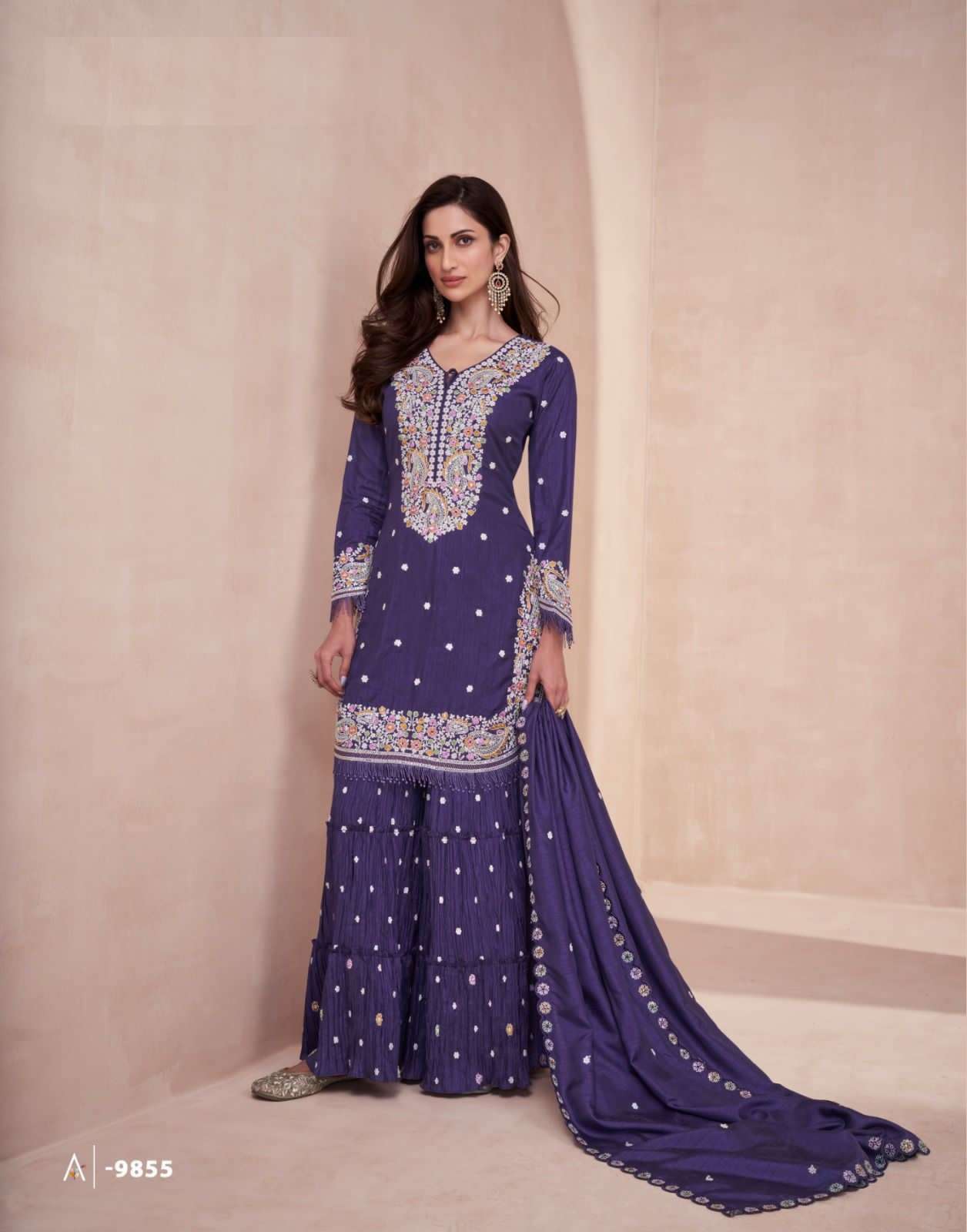 DESIGNER WEDDING PARTY WEAR INDIAN DOLA SILK PURPLE SHARARA SALWAR SUIT AF BASANTI 9855