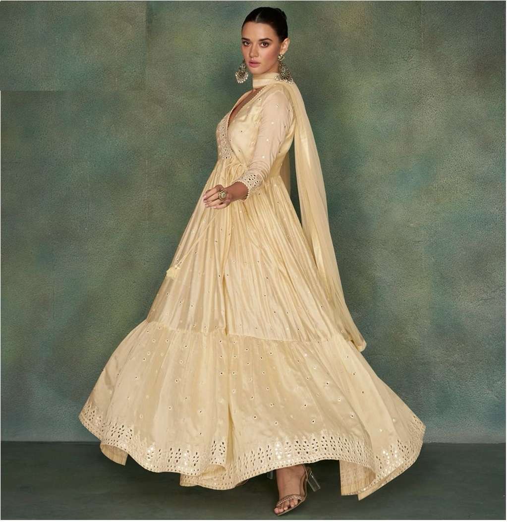 DESIGNER WEDDING PARTY WEAR INDIAN PURE SILK BEIGE ANARKALI SALWAR SUIT GOWN WITH NET DUPATTA SY SAHIBA 5399