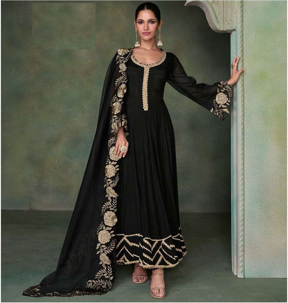 DESIGNER WEDDING PARTY WEAR INDIAN PURE SILK BLACK ANARKALI SALWAR SUIT GOWN WITH ORGANZA DUPATTA SY SAHIBA 5397