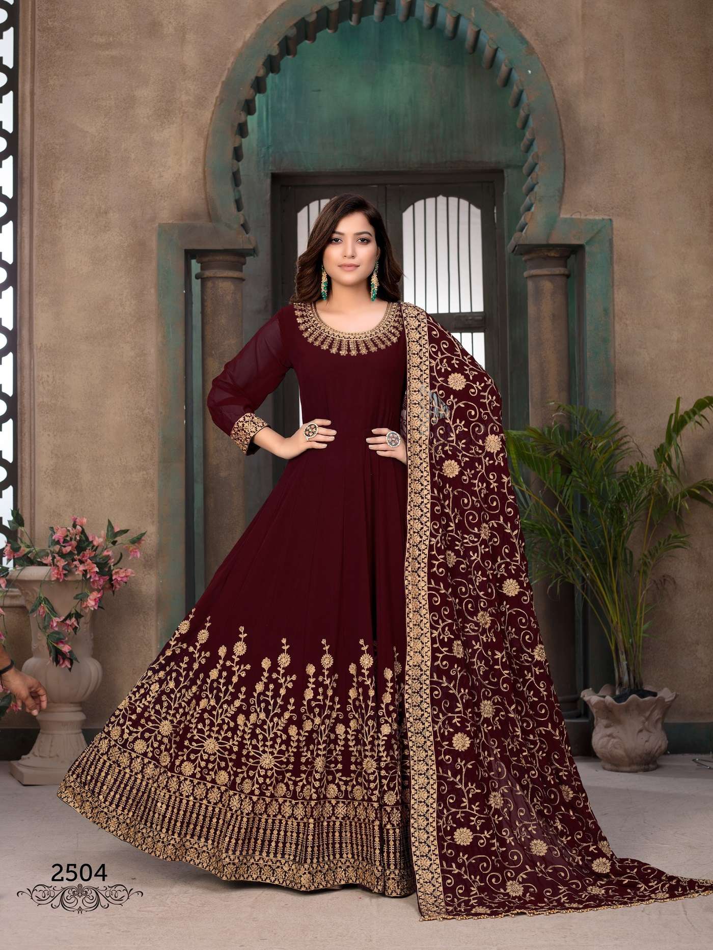 DESIGNER WEDDING PARTY WEAR MAROON REAL GEORGETTE INDIAN ANARKALI SALWAR SUIT GOWN WITH DUPATTA 2504