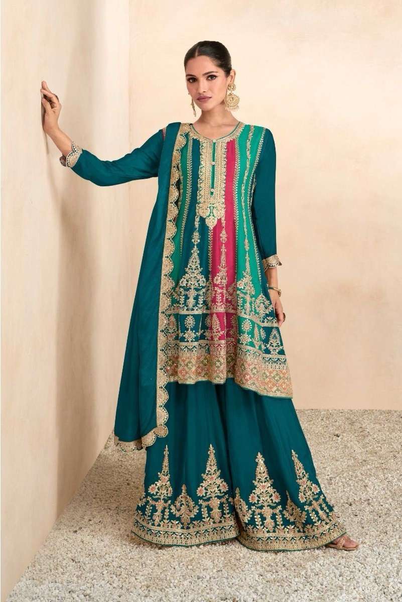 DESIGNER WEDDING PARTY WEAR REAL CHINON FANCY GREEN SHARARA SALWAR SUIT GL 7501 A