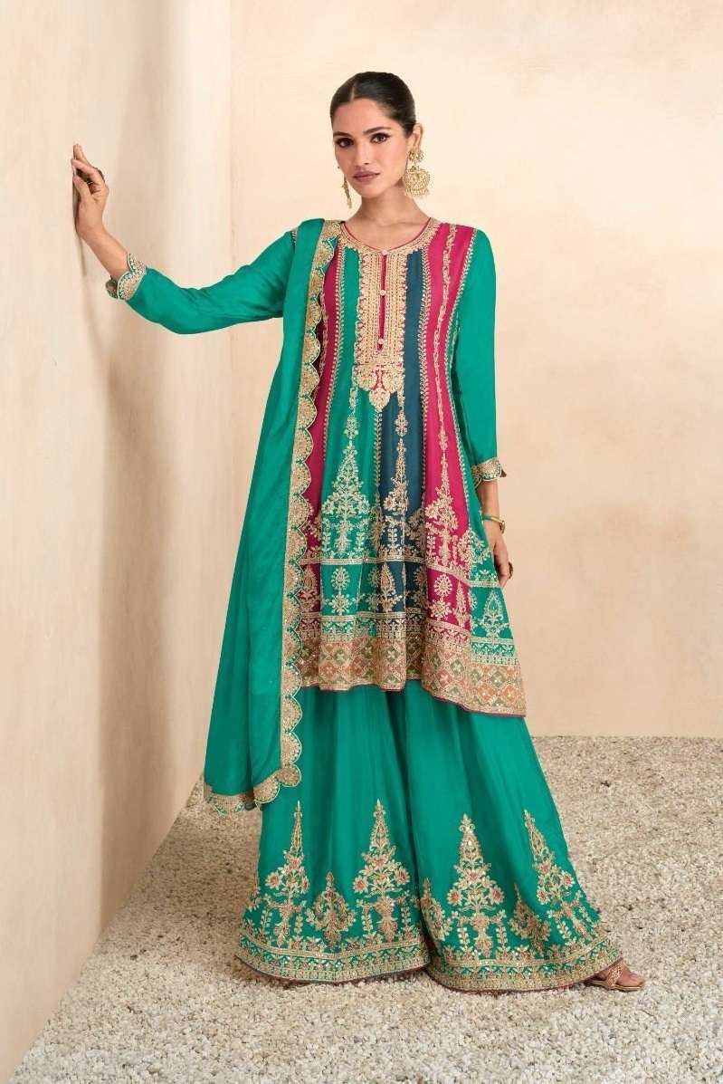 DESIGNER WEDDING PARTY WEAR REAL CHINON FANCY GREEN SHARARA SALWAR SUIT GL 7501 C