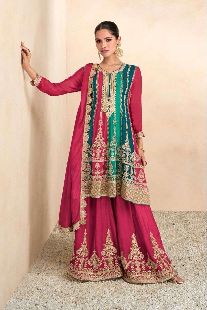 DESIGNER WEDDING PARTY WEAR REAL CHINON FANCY RED SHARARA SALWAR SUIT GL 7501 B