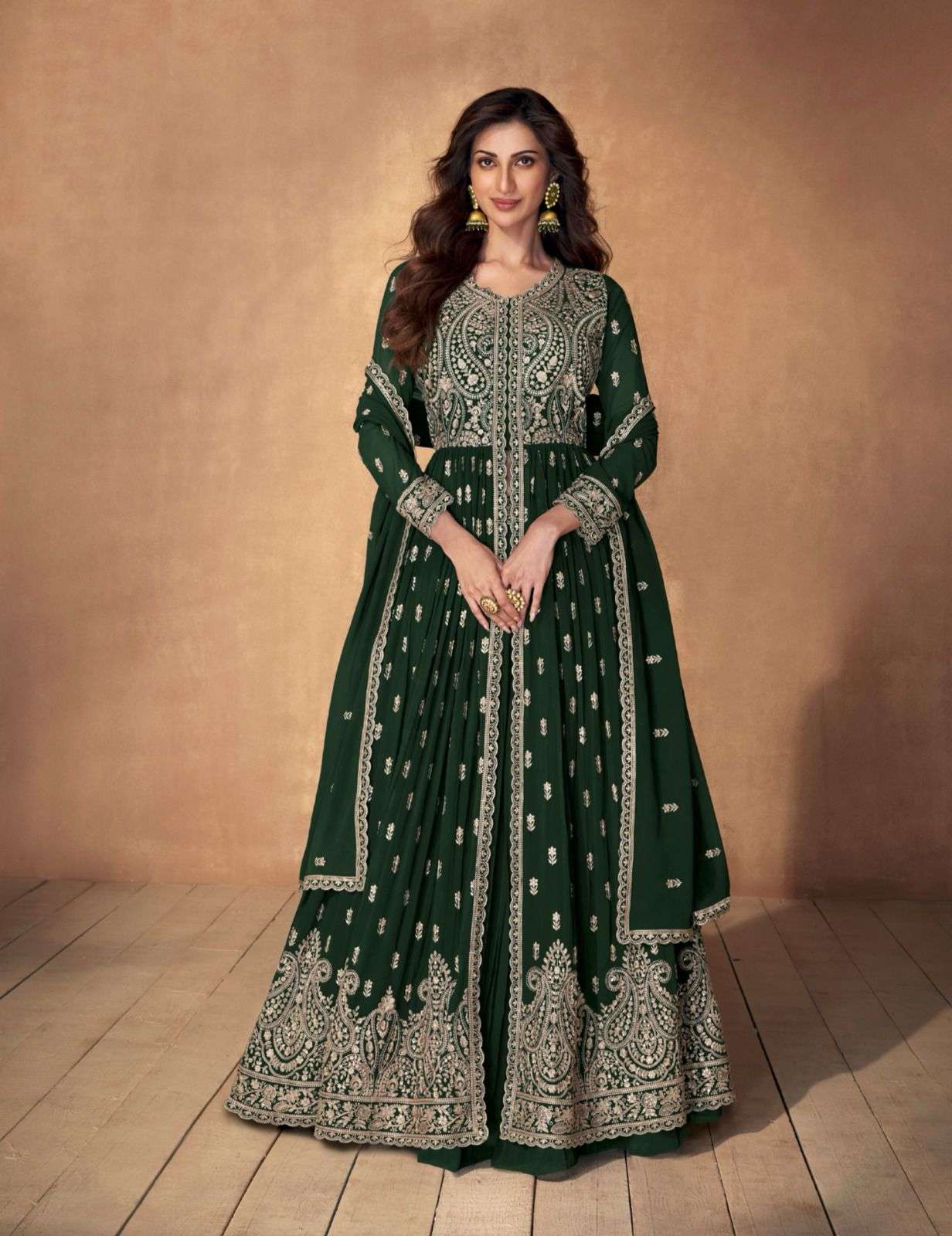 DESIGNER WEDDING PARTY WEAR REAL GEORGETTE GREEN ANARKALI DRESS GOWN SALWAR SUIT AF MADHUBALA 9849