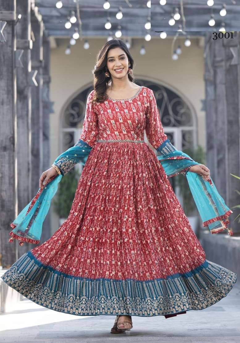 DESIGNER WEDDING PARTY WEAR RED GEORGETTE INDIAN ANARKALI SALWAR SUIT GOWN NET DUPATTA DST BASANTI 3001