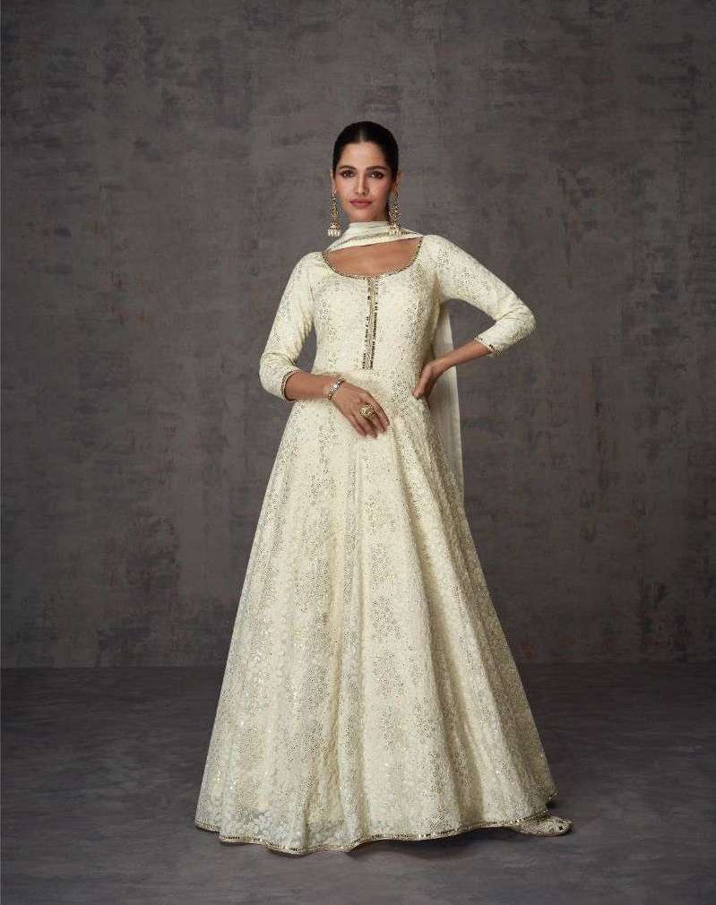 DESIGNER WEDDING PARTY WEAR WHITE REAL GEORGETTE INDIAN ANARKALI SALWAR SUIT GOWN WITH DUPATTA SY AMEENA 5358