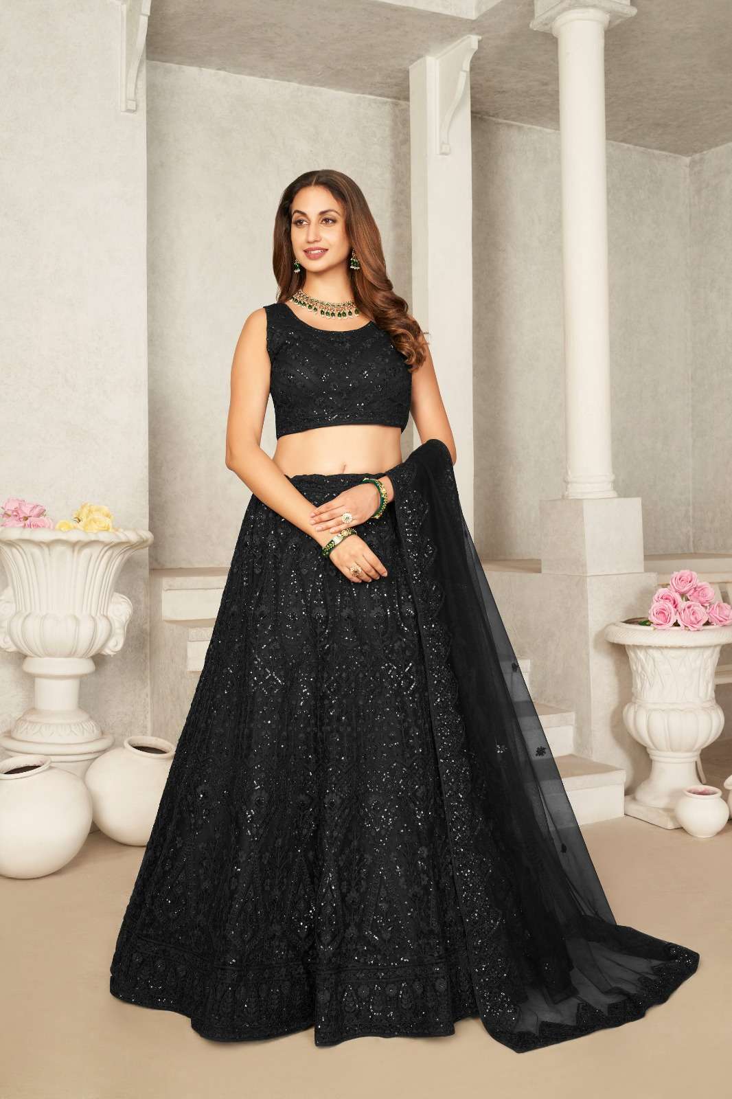 INDIAN BOLLYWOOD DESIGNER FANCY PARTY WEAR BLACK BUTTERFLY NET LEHENGA CHOLI SM 9203