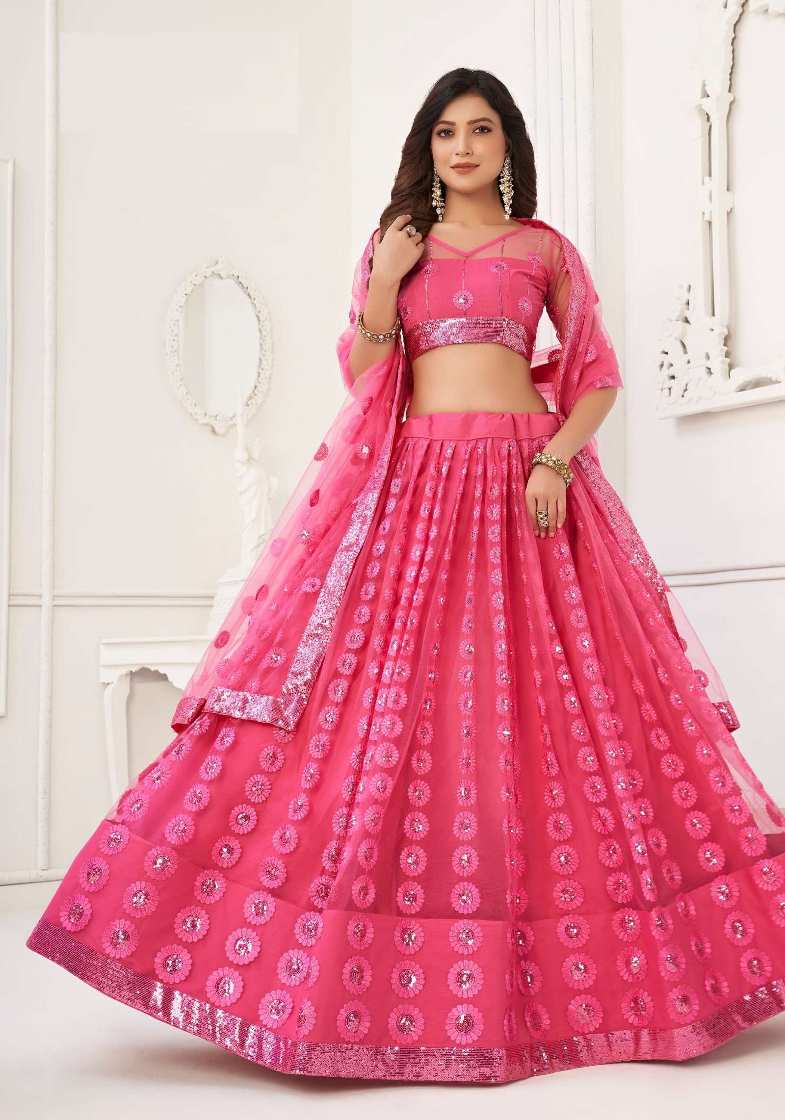 INDIAN BOLLYWOOD DESIGNER FANCY PARTY WEAR BUTTERFLY NET PINK LEHENGA CHOLI DST NRYANI KELAYA 2127