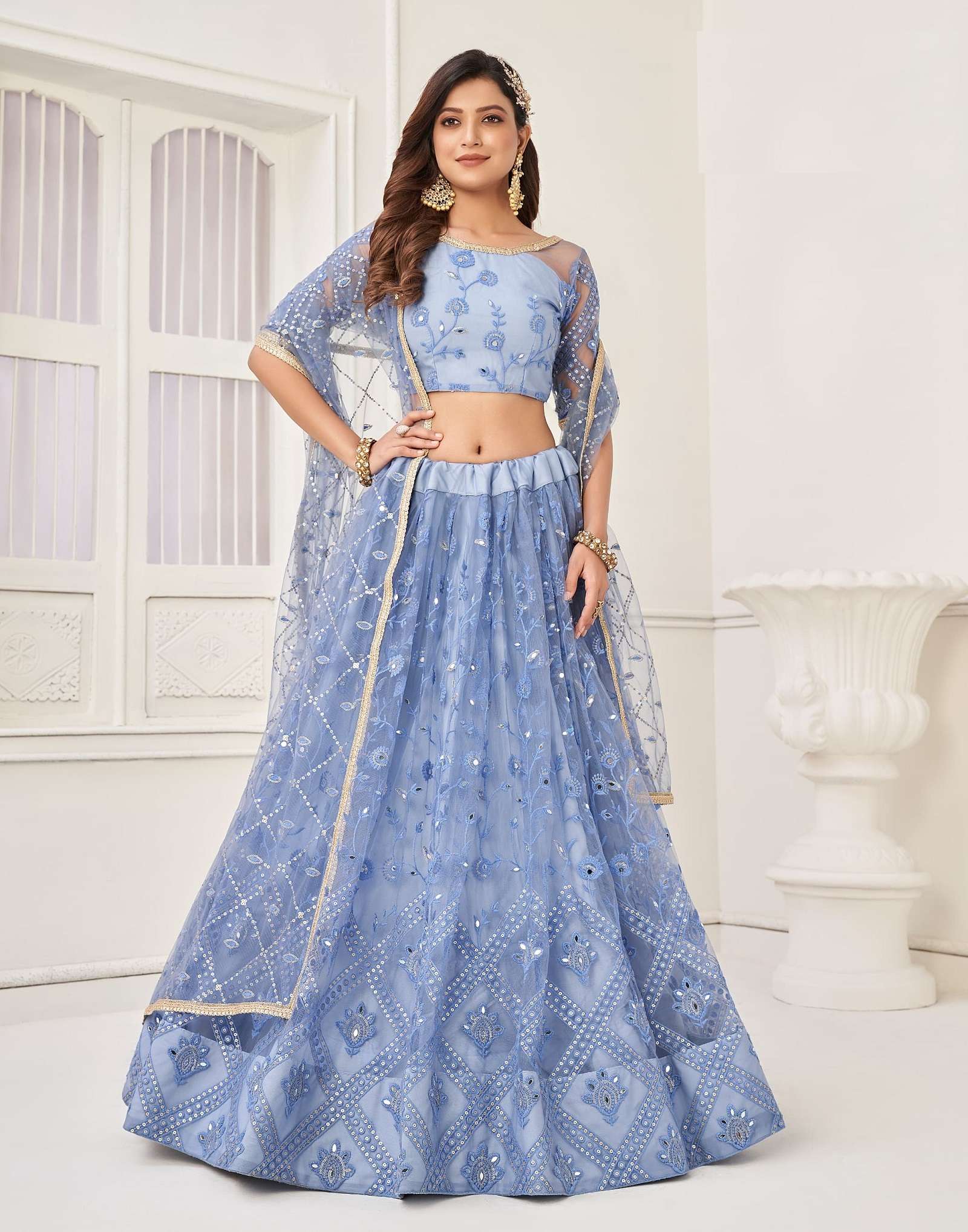 INDIAN BOLLYWOOD DESIGNER FANCY PARTY WEAR BUTTERFLY NET NEON BLUE LEHENGA CHOLI DST NRYANI KELAYA 2129