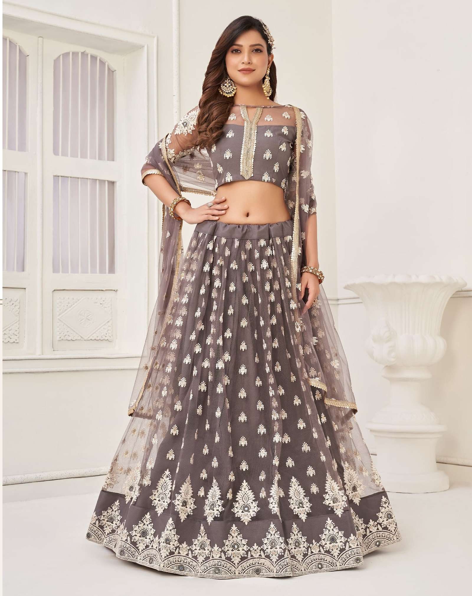 INDIAN BOLLYWOOD DESIGNER FANCY PARTY WEAR BUTTERFLY NET GRAY LEHENGA CHOLI DST NRYANI KELAYA 2130