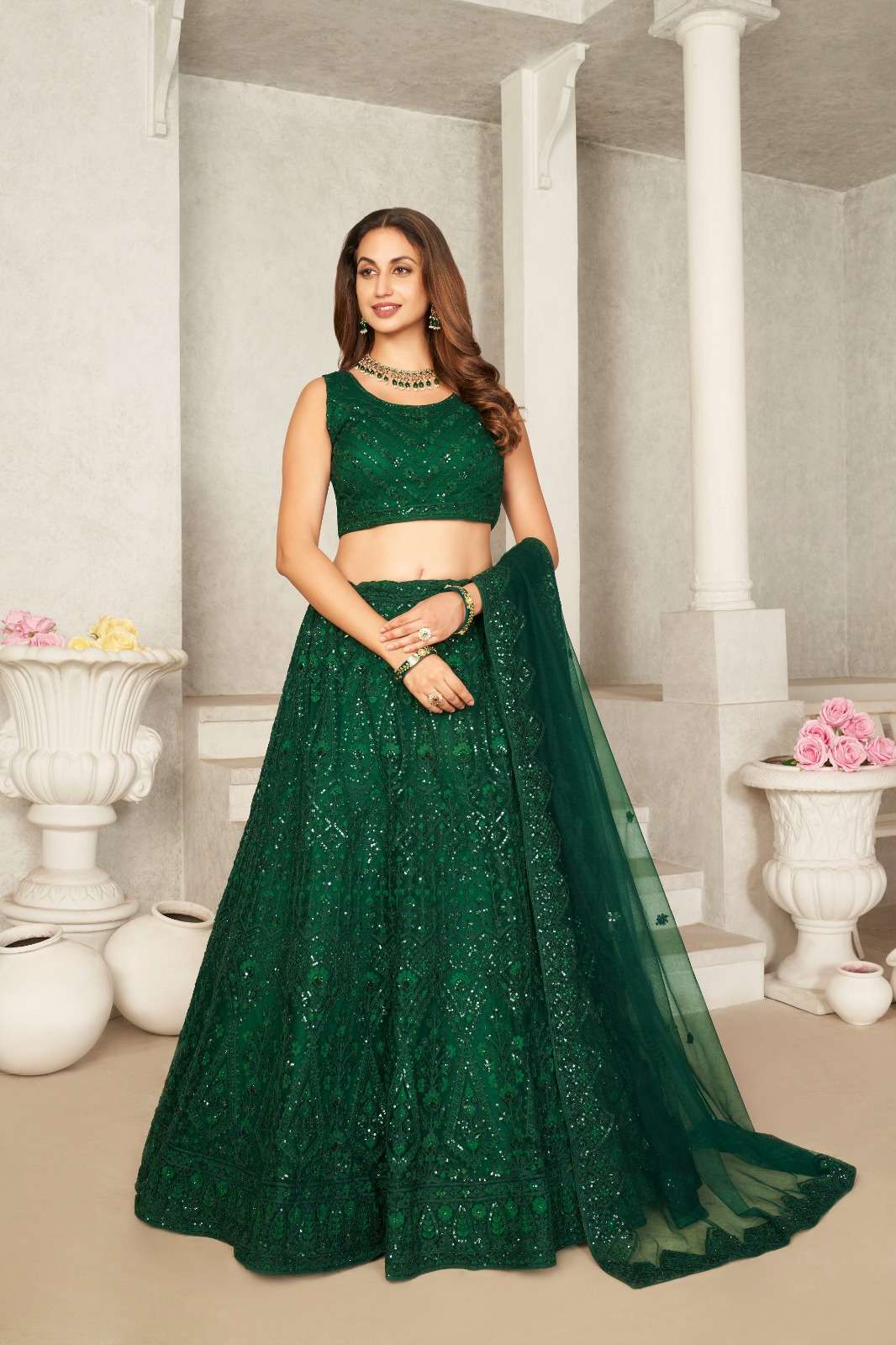 INDIAN BOLLYWOOD DESIGNER FANCY PARTY WEAR GREEN BUTTERFLY NET LEHENGA CHOLI SM 9204