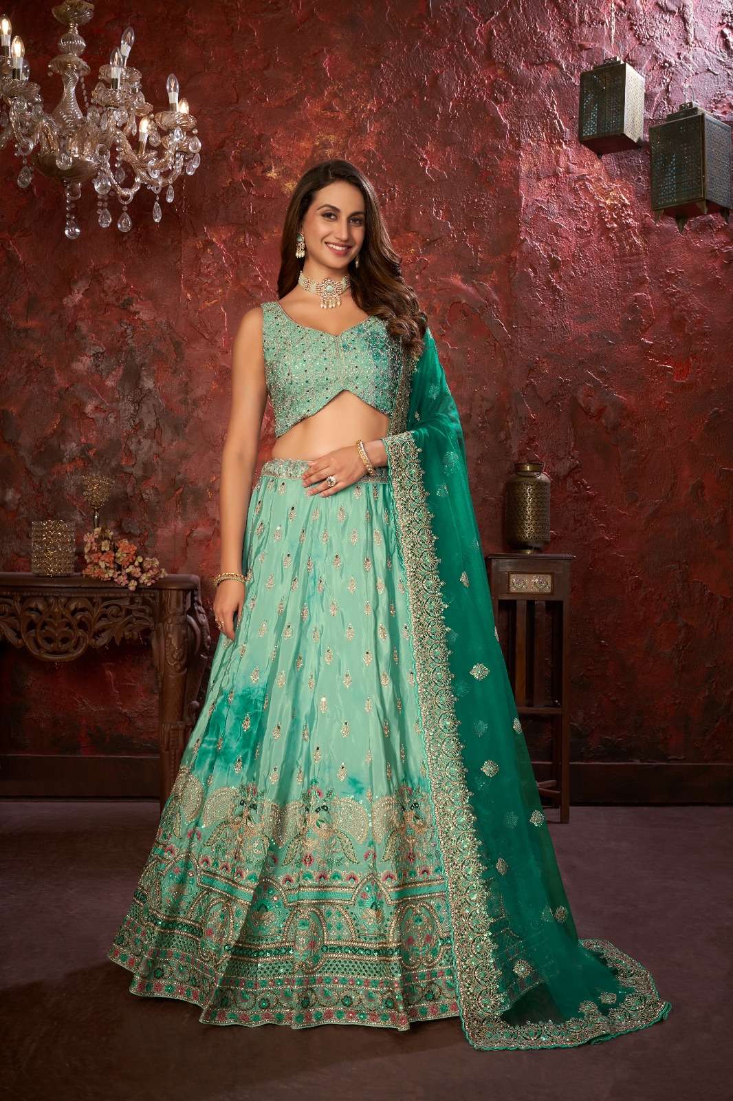 INDIAN BOLLYWOOD DESIGNER FANCY PARTY WEAR GREEN BUTTERFLY NET LEHENGA CHOLI SM 9208