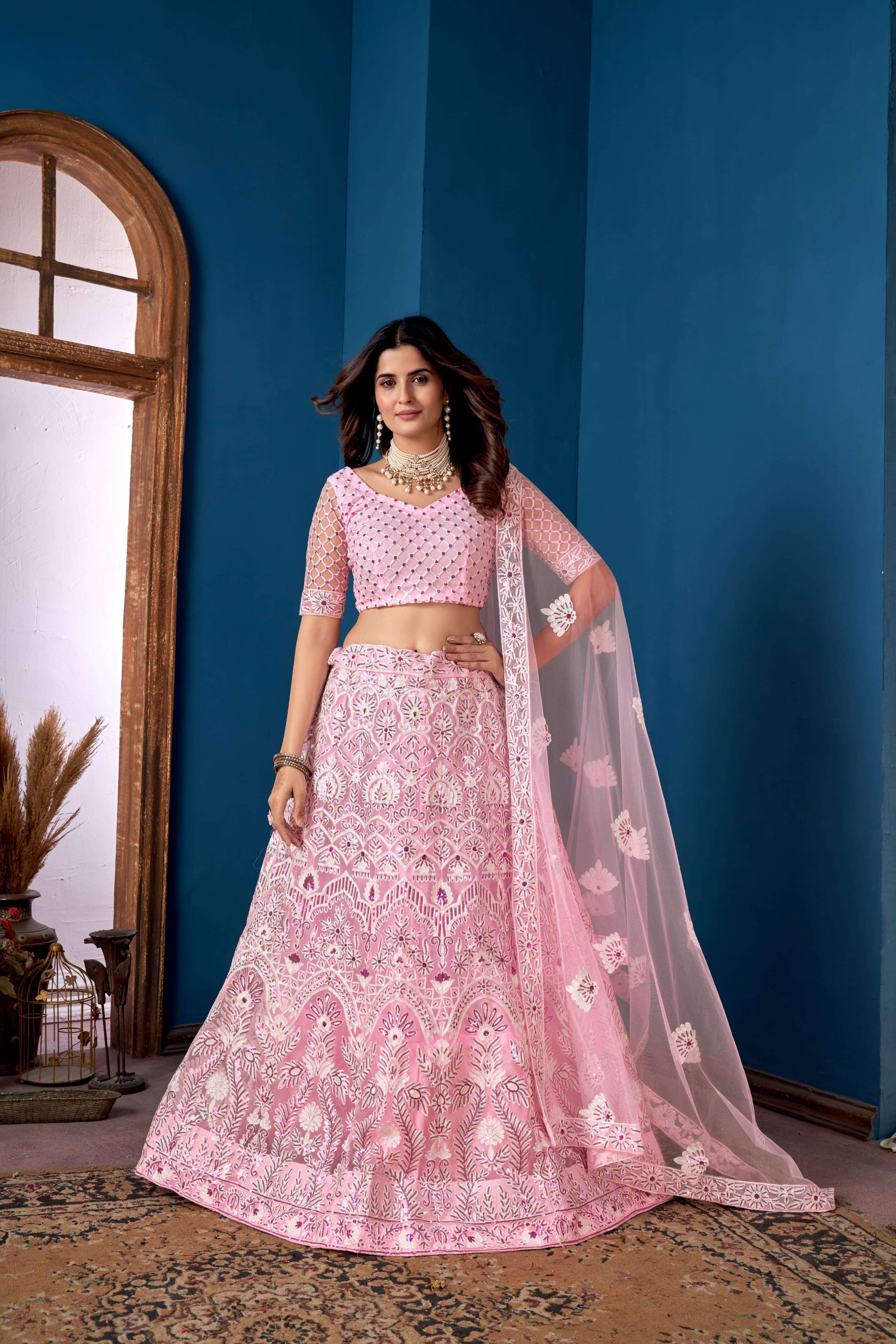 INDIAN BOLLYWOOD DESIGNER FANCY PARTY WEAR PINK BUTTERFLY NET LEHENGA CHOLI DST ZEEYA RUDRANI 21003