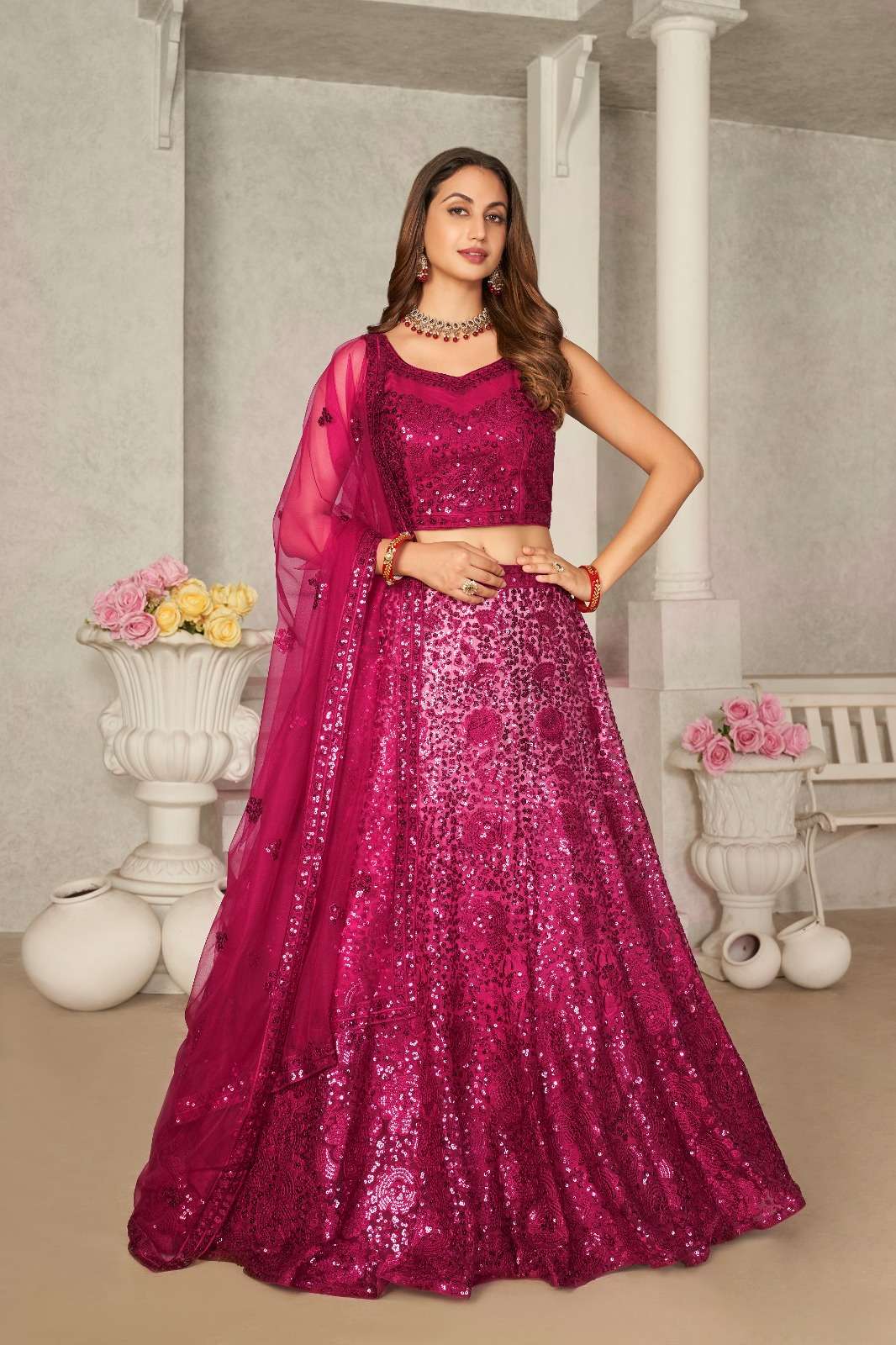 INDIAN BOLLYWOOD DESIGNER FANCY PARTY WEAR PINK BUTTERFLY NET LEHENGA CHOLI SM 9202