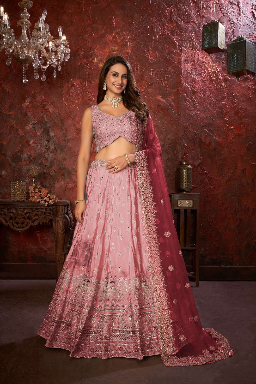 INDIAN BOLLYWOOD DESIGNER FANCY PARTY WEAR PINK CREPE SILK LEHENGA CHOLI SM 9206