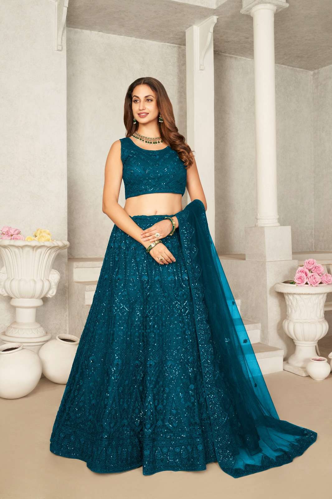 INDIAN BOLLYWOOD DESIGNER FANCY PARTY WEAR RAMA BLUE BUTTERFLY NET LEHENGA CHOLI SM 9205