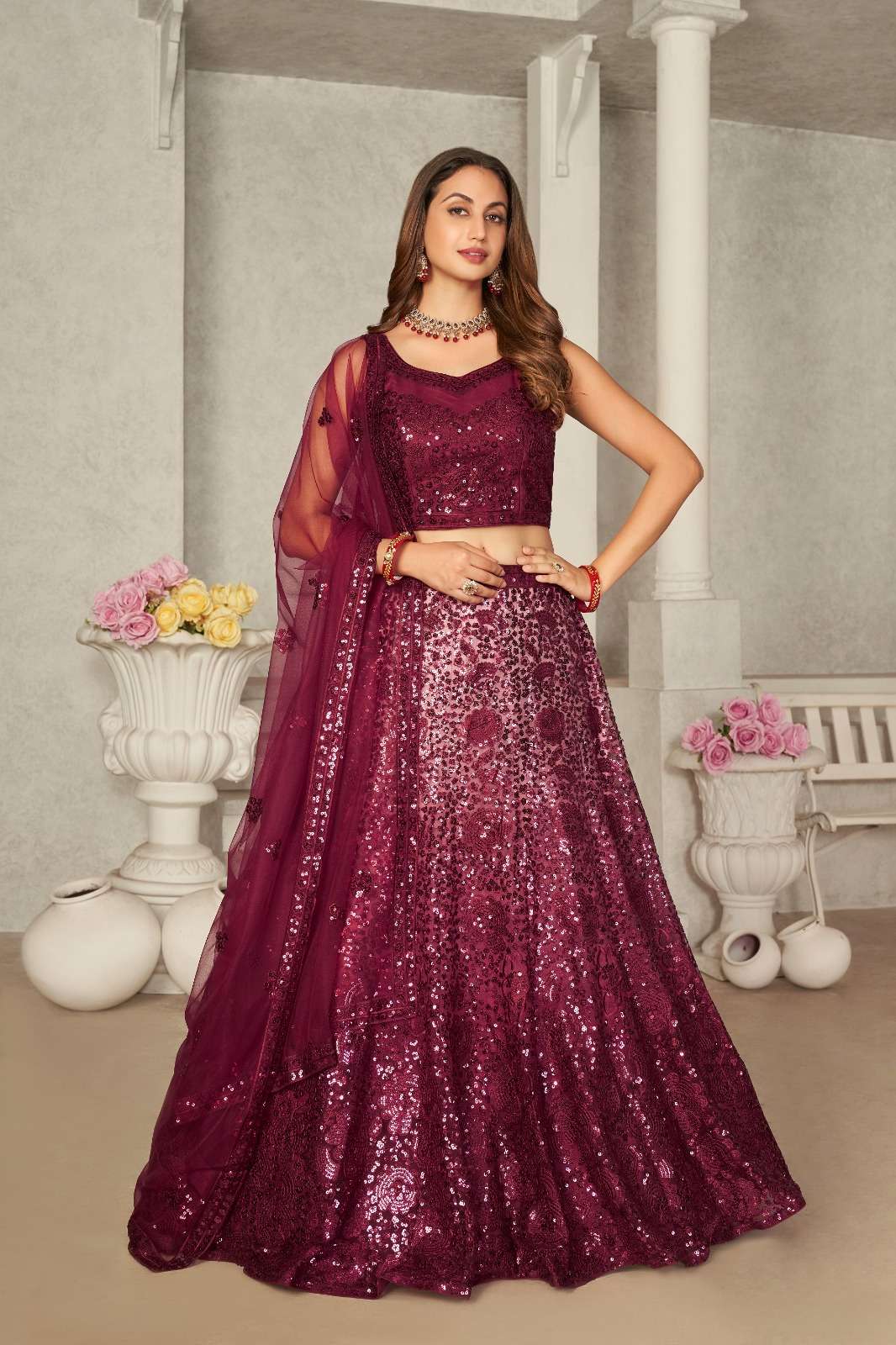 INDIAN BOLLYWOOD DESIGNER FANCY PARTY WEAR RED BUTTERFLY NET LEHENGA CHOLI SM 9201