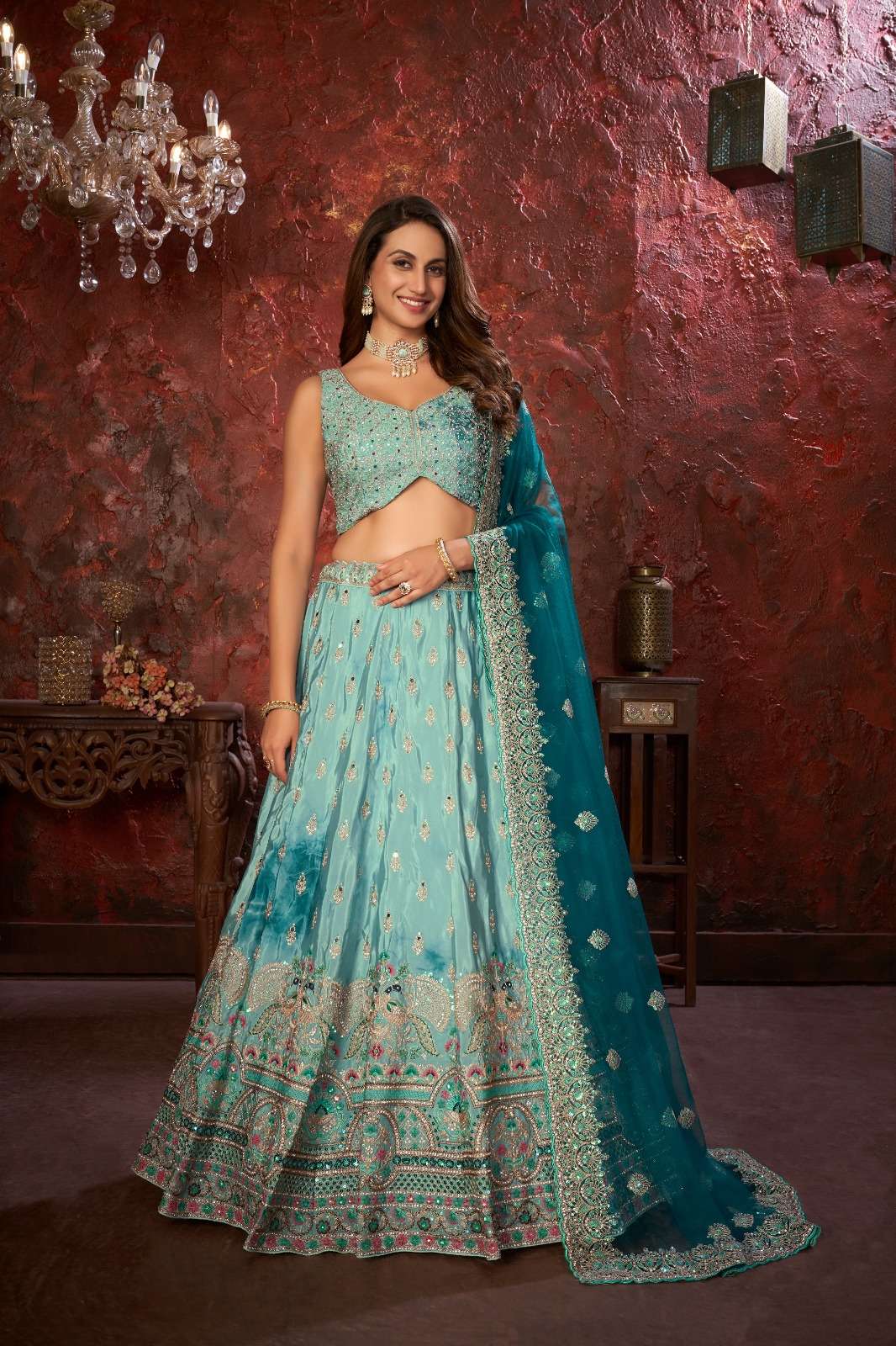 INDIAN BOLLYWOOD DESIGNER FANCY PARTY WEAR SKY BLUE BUTTERFLY NET LEHENGA CHOLI SM 9209