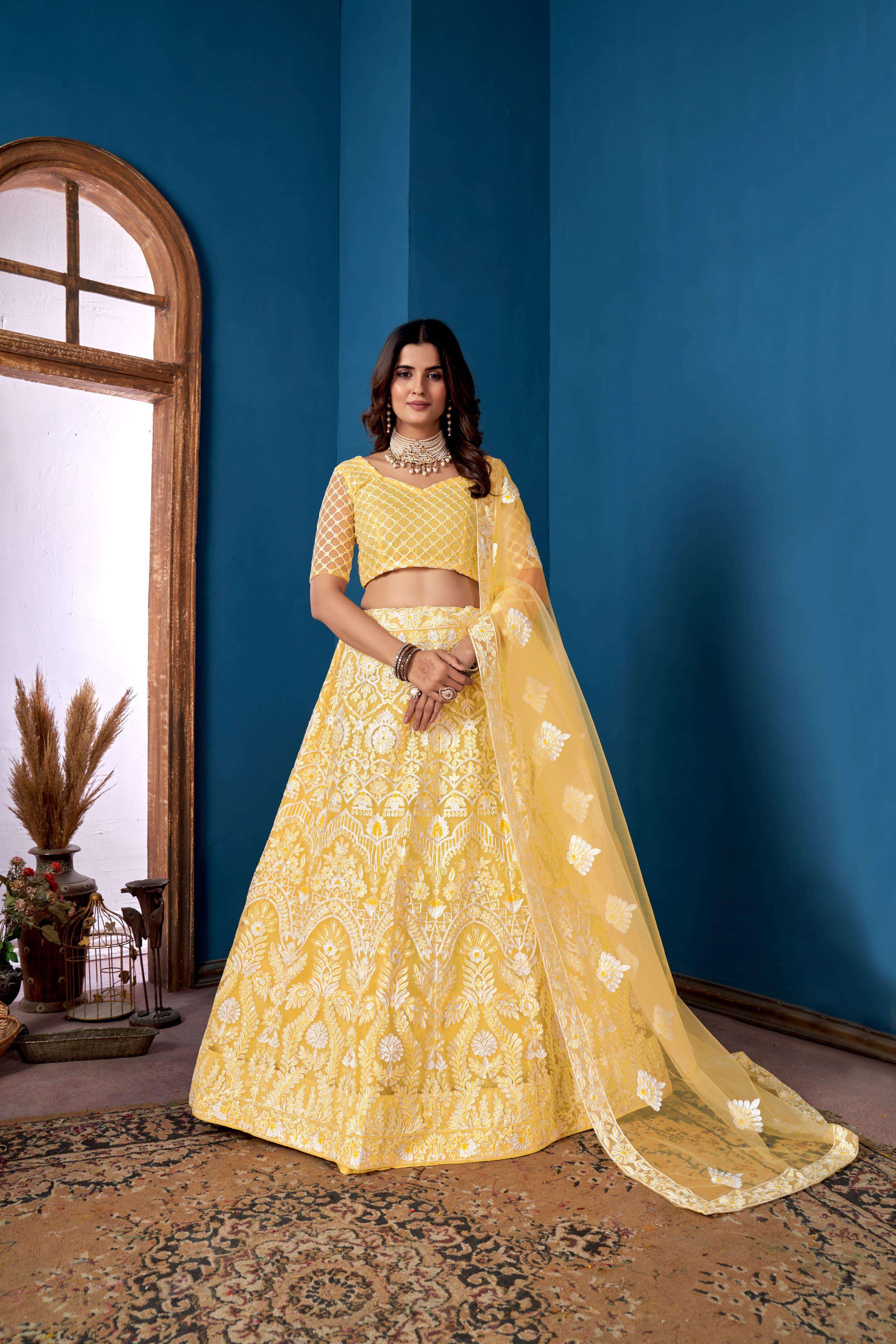 Buy Royal blue and yellow Indian silk wedding lehenga in UK, USA and Canada