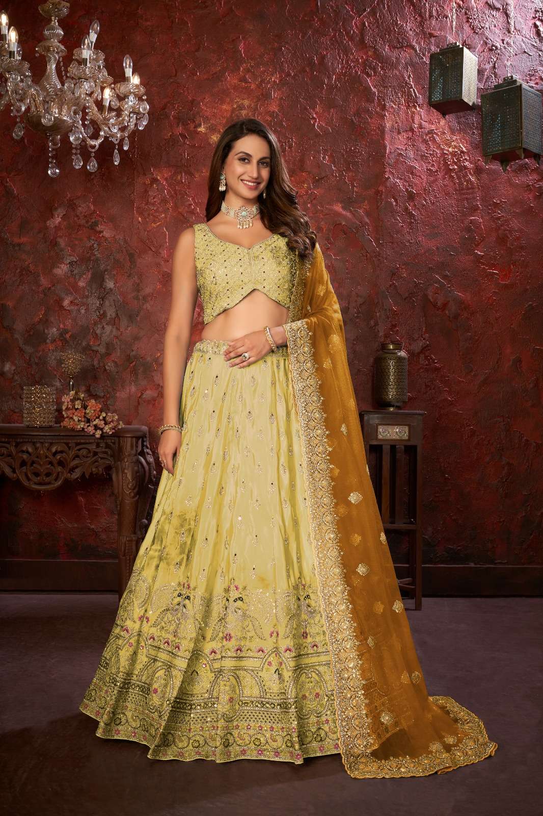 INDIAN BOLLYWOOD DESIGNER FANCY PARTY WEAR YELLOW BUTTERFLY NET LEHENGA CHOLI SM 9207