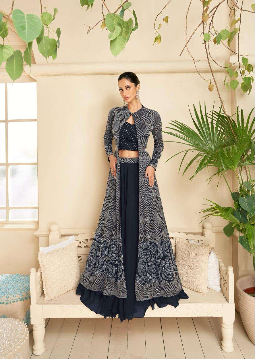 INDIAN BOLLYWOOD DESIGNER PARTY WEAR BLUE GEORGETTE KOTI SKIRT SALWAR SUIT THREAD SEQUENCE WORK SY 5288A