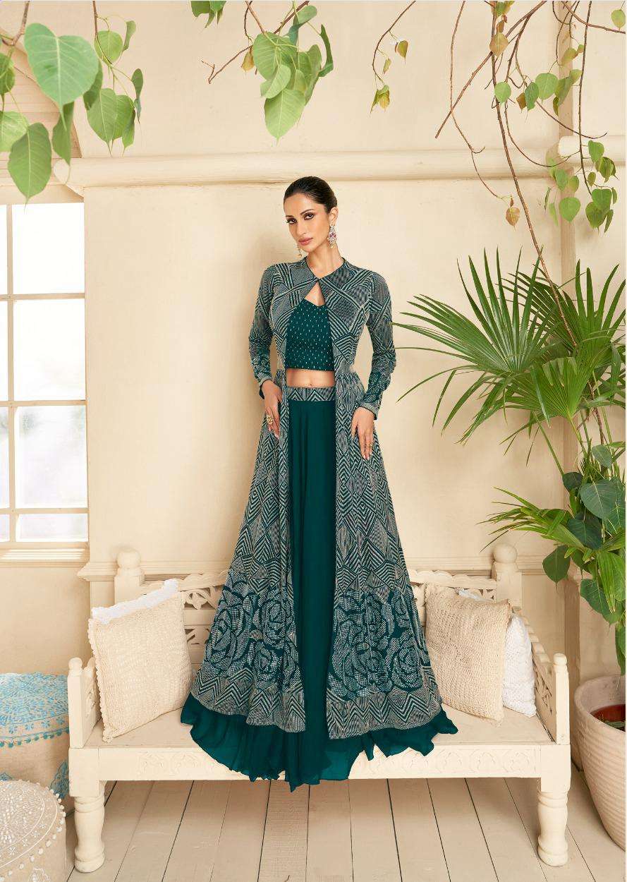 INDIAN BOLLYWOOD DESIGNER PARTY WEAR BLUE GREEN GEORGETTE KOTI SKIRT SALWAR SUIT THREAD SEQUENCE WORK SY 5288B