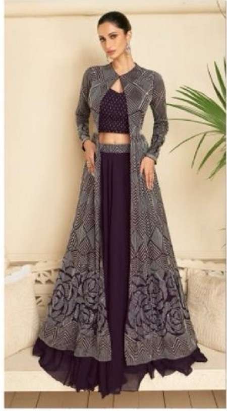 INDIAN BOLLYWOOD DESIGNER PARTY WEAR PURPLE GEORGETTE KOTI SKIRT SALWAR SUIT THREAD SEQUENCE WORK SY 5288