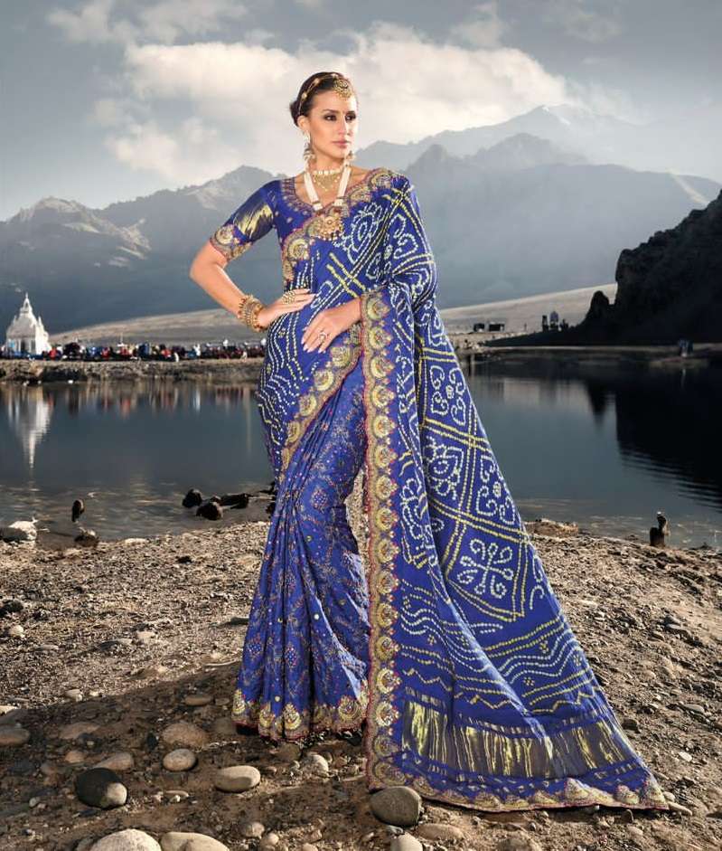 INDIAN DESIGNER BLUE KACHHI BANDHEJ SILK SAREE FOR WEDDING BRIDAL PARTY WEAR SM MN 7303