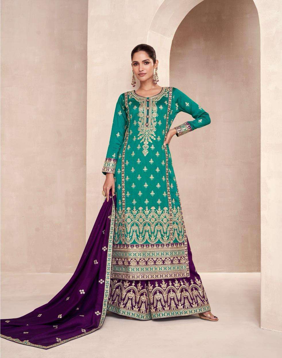 INDIAN DESIGNER FANCY WEDDING PARTY BLUE PREMIUM SILK STRAIGHT SALWAR SUIT AF RAYANA 9825