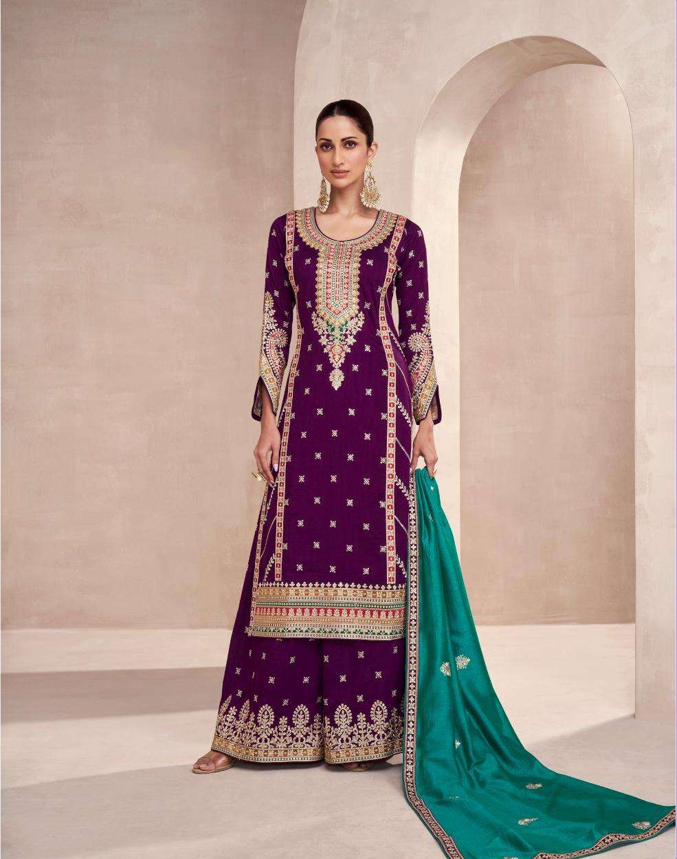 INDIAN DESIGNER FANCY WEDDING PARTY PURPLE PREMIUM SILK STRAIGHT SALWAR SUIT AF RAYANA 9827