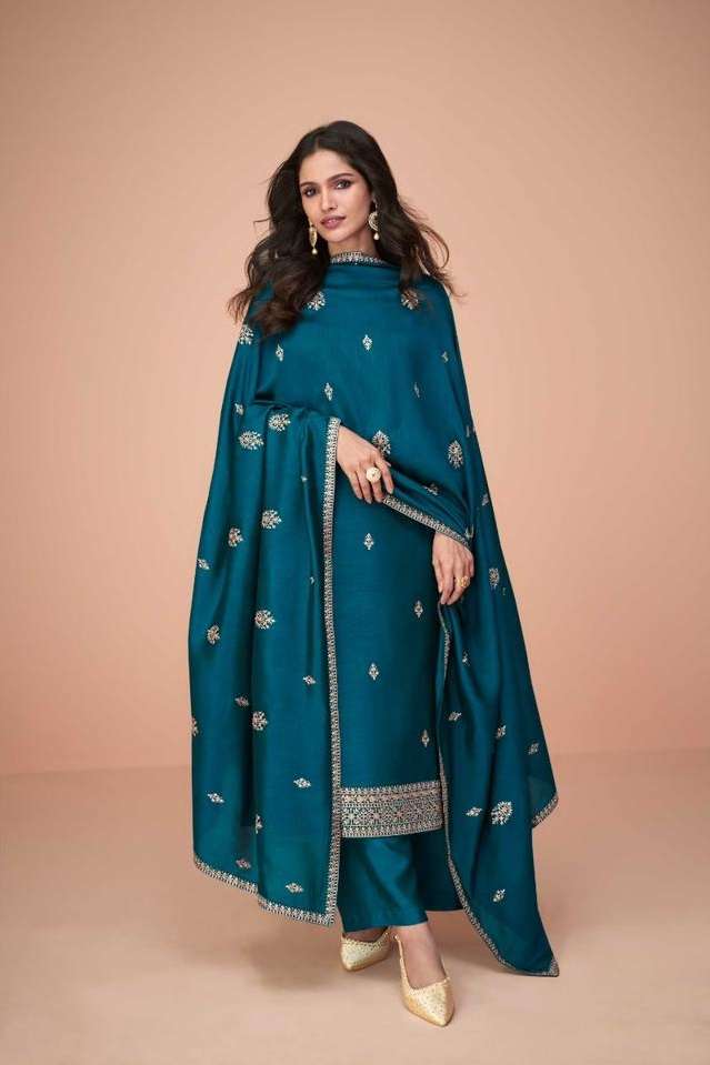 INDIAN DESIGNER FANCY WEDDING PARTY WEAR BLUE PREMIUM SILK STRAIGHT SALWAR SUIT 9731