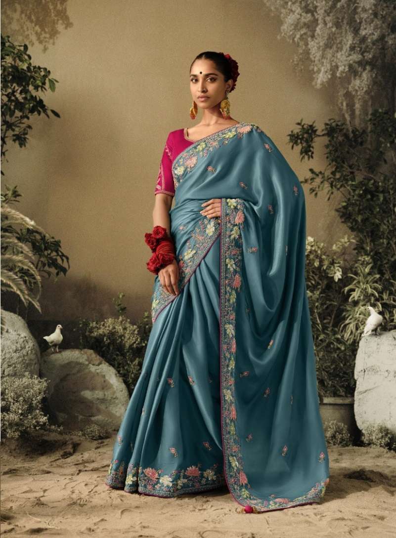 INDIAN DESIGNER FANCY WEDDING PARTY WEAR BLUE PURE SILK SAREE WITH SEQUENCE AND STONE WORK SM KIM SAWARIYA 5304